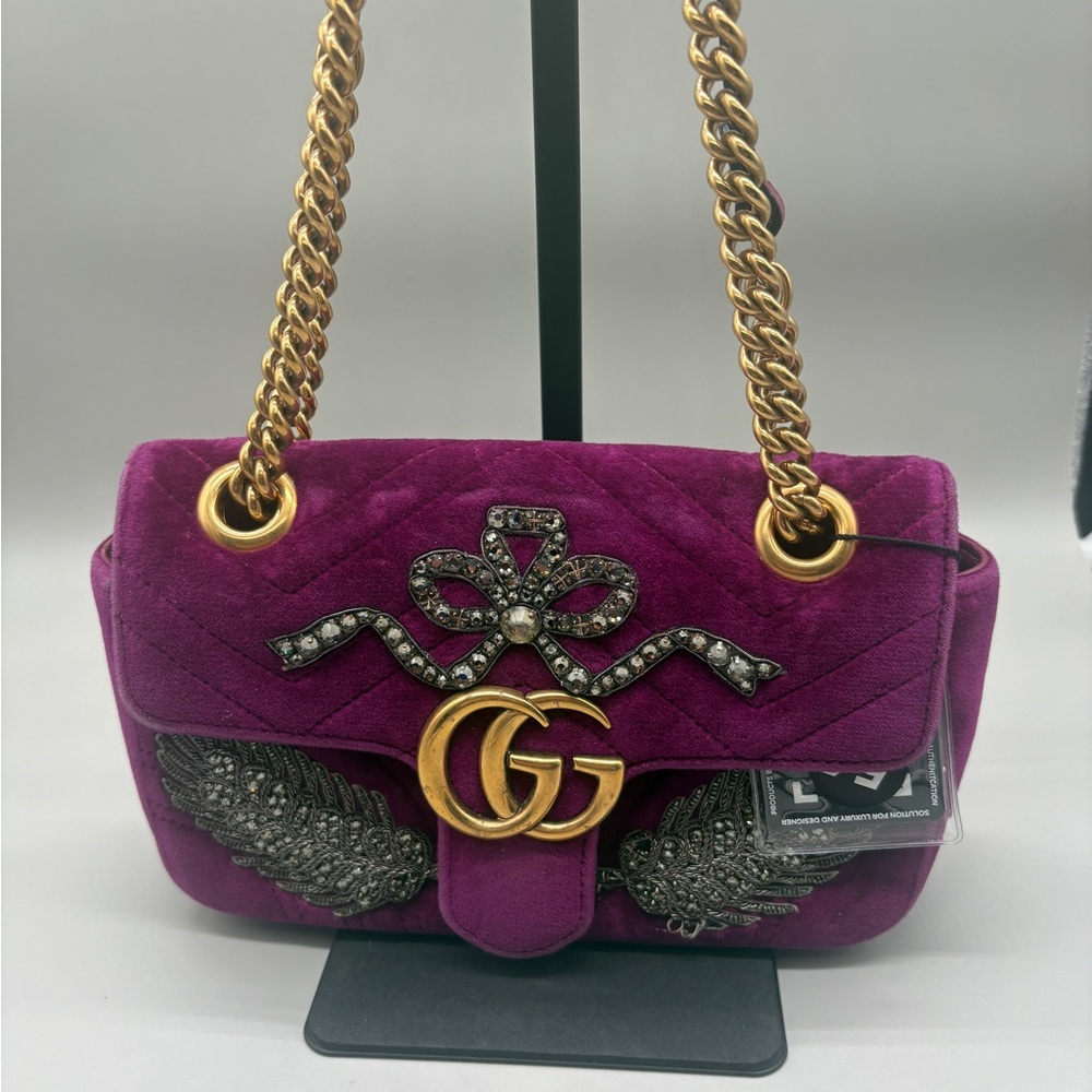 Gucci GG Marmont Small Velvet Embroidered Shoulder Bag Purple with COA